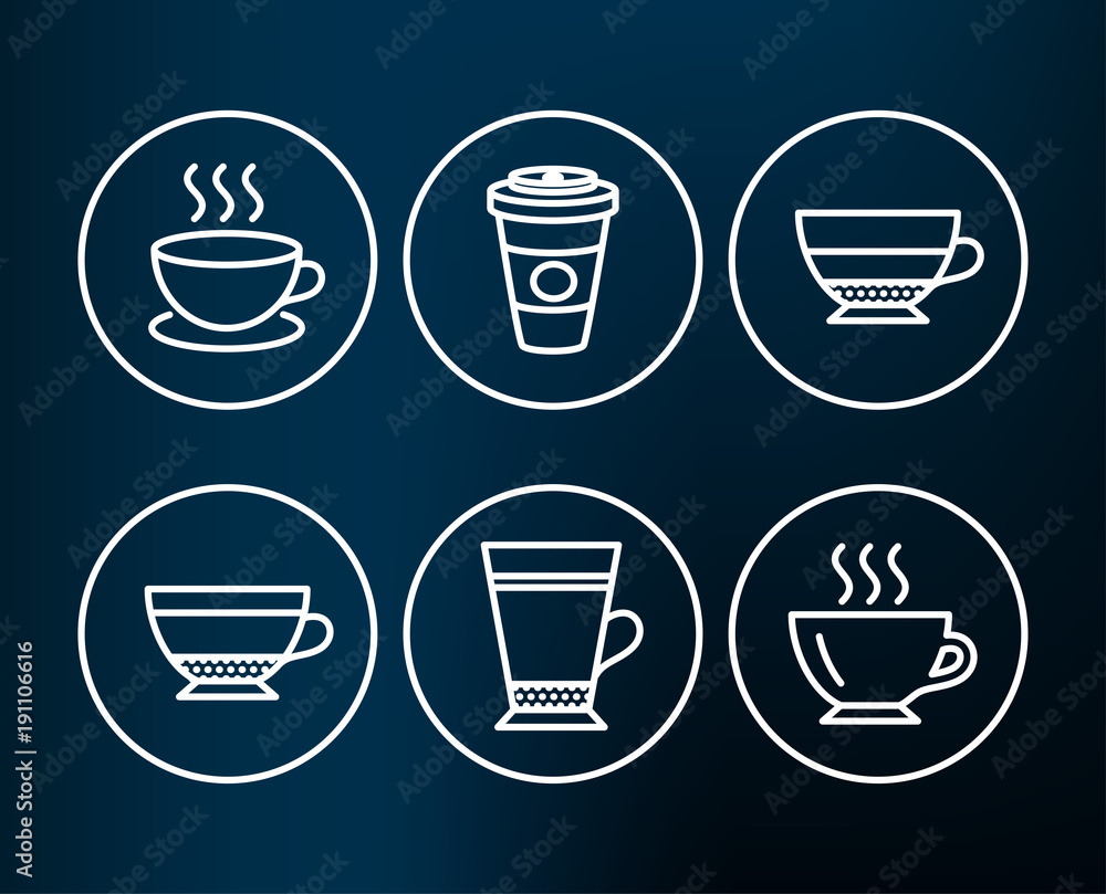 Set of Latte, Dry cappuccino and Takeaway coffee icons. Cappuccino, Americano and Coffee signs. Beverage mug, Hot latte drink, Espresso cup. Beverage cup. Editable stroke. Vector Set of Latte, Dry cappuccino and Takeaway coffee icons. Cappuccino, Americano and Coffee signs. Beverage mug, Hot latte drink, Espresso cup. Beverage cup. Editable stroke. Vector