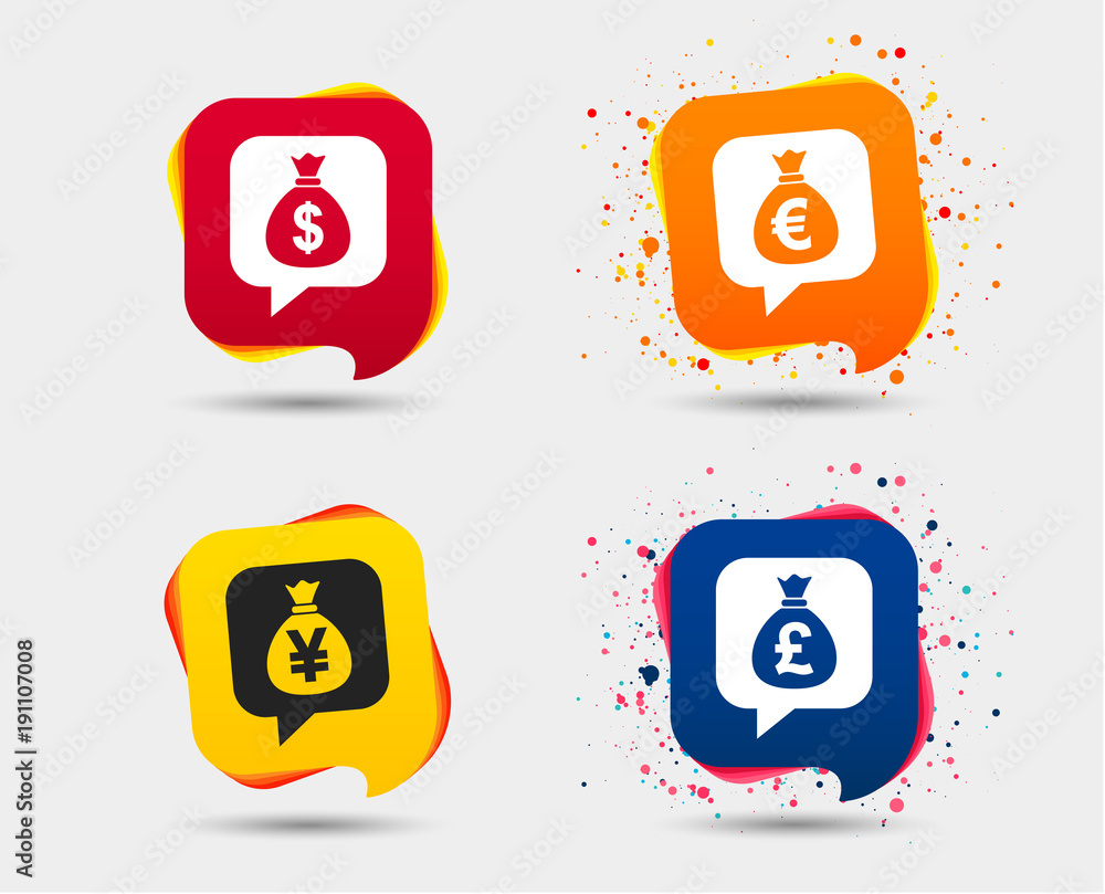 Money bag icons. Dollar, Euro, Pound and Yen speech bubbles symbols. USD, EUR, GBP and JPY currency signs. Speech bubbles or chat symbols. Colored elements. Vector Money bag icons. Dollar, Euro, Pound and Yen speech bubbles symbols. USD, EUR, GBP and JPY currency signs. Speech bubbles or chat symbols. Colored elements. Vector