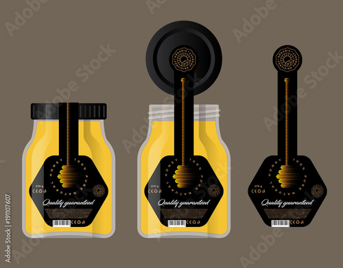 Packaging for honey. Honey logo. Honey dipper icon Glass jar and lid with a label. 