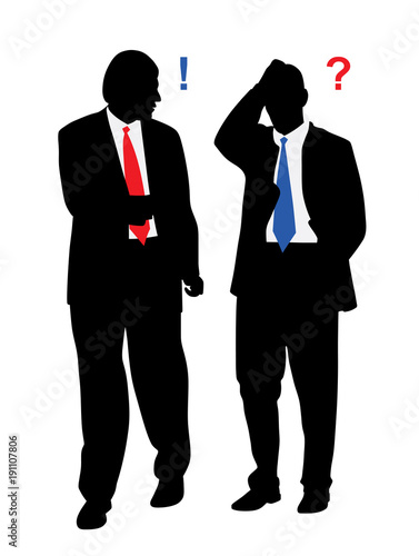 Two stressed worried businessmen with problems talking