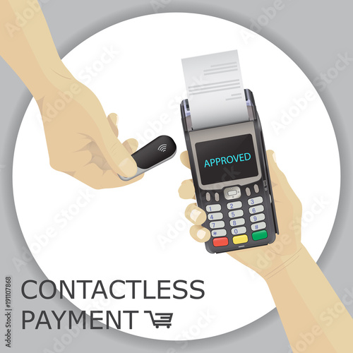 Hand holding wireless, contactless fob, keychain for payments through wifi pos terminals. Pay fob keychain key ring with tap-and-pay system.  Vector