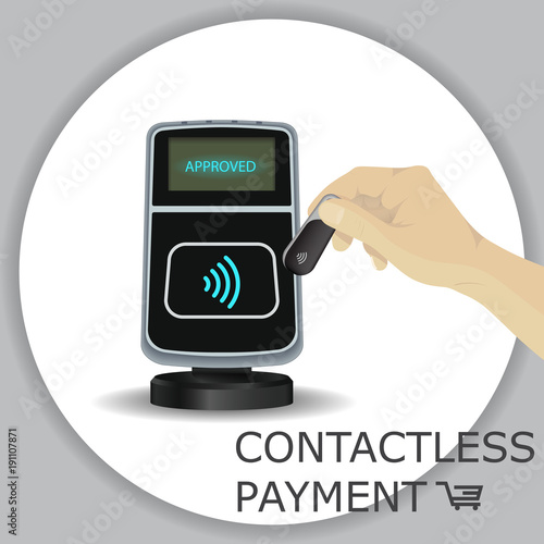 Hand holding wireless, contactless fob, keychain for payments through wifi pos terminals. Pay fob keychain key ring with tap-and-pay system.  Vector