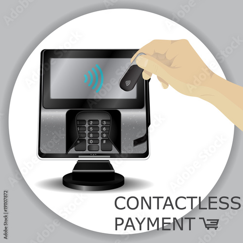 Hand holding wireless, contactless fob, keychain for payments through wifi pos terminals. Pay fob keychain key ring with tap-and-pay system.  Vector