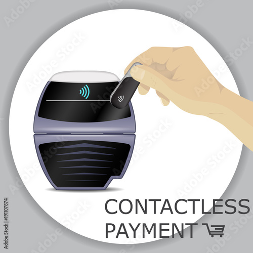 Hand holding wireless, contactless fob, keychain for payments through wifi pos terminals. Pay fob keychain key ring with tap-and-pay system.  Vector