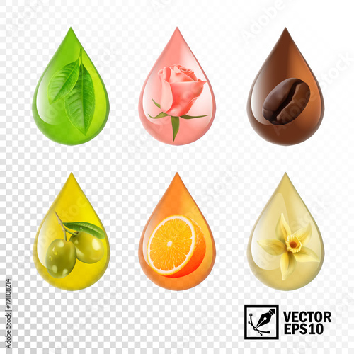 3d realistic vector transparent drops oil with taste and aroma: tea, rose, coffee, olive, orange, vanilla. Editable handmade mesh.