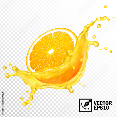 3d realistic vector transparent splash sliced orange juice. Editable handmade mesh.