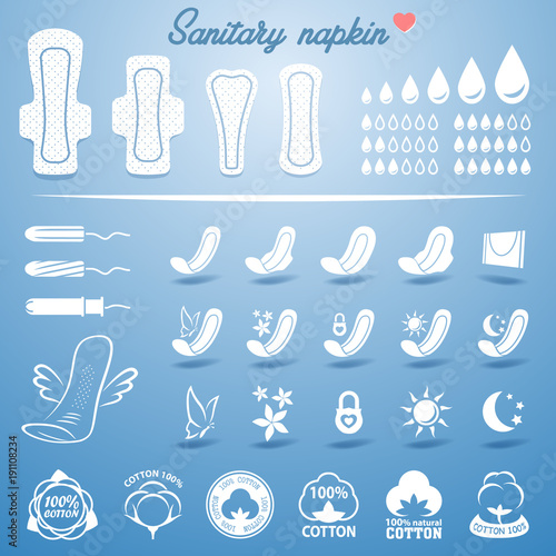Feminine hygiene products (white napkins, pads and tampons icon set)