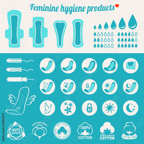 Feminine hygiene products blue color (pads and tampons icon set)
