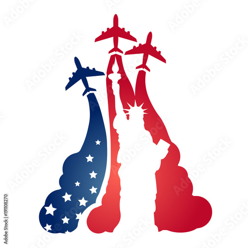 Logo as a tourist flying aircraft, with a silhouette of the Statue of Liberty and the symbolism of the American flag. Symbols and air travel in America