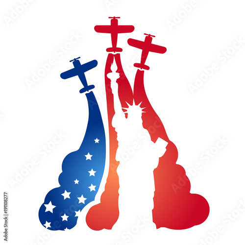 Logo in the form of flying sport aircraft at an air show with the silhouette of the Statue of Liberty and the symbolism of the American flag