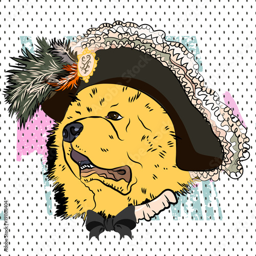 Ð¡ool portrait of dog in a Renaissance costume. Vector. Privileged person. Musketeer's outfit.