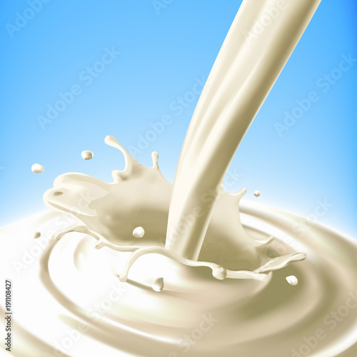 Realistic splash pouring milk on a blue background close-up. Vector elements