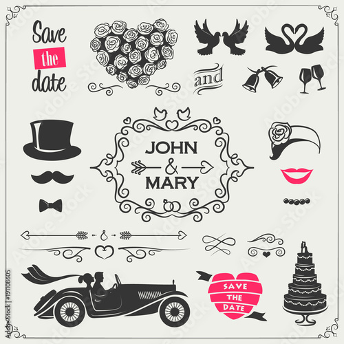 Vector set of wedding icons and elements for the invitations, banners and signs (arrows, hearts, wreaths, ribbons, labels and other elements)