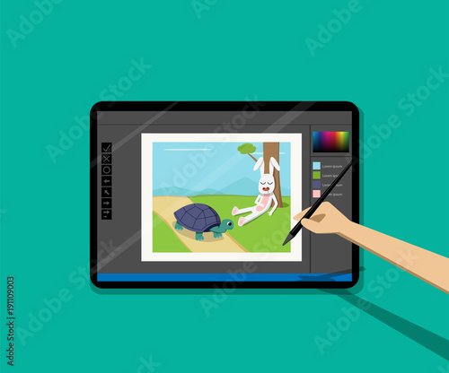 Point of view Kid painted cartoon on tablet by pen