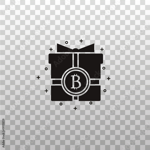 Bit coin logotype on the giftbox black silhouette. Bitcoin present monochrome symbol. Virtual and digital cryptocurrency vector concept for bonuses and promo events.