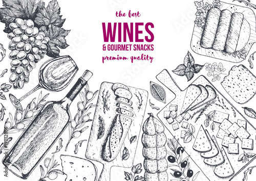 Wines and gourmet snacks frame vector illustration. Cheese, sausages, bread, grape hand drawn. Gourmet food set