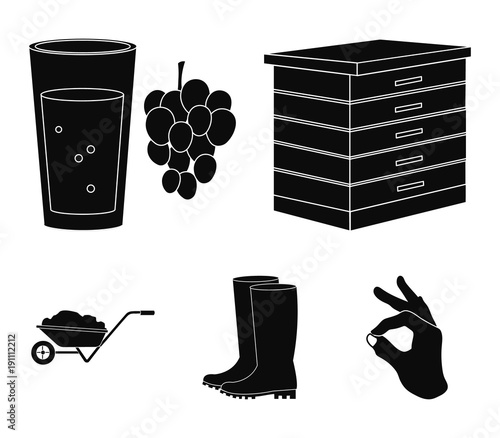 Hive, grapes, boots, wheelbarrow.Farm set collection icons in black style vector symbol stock illustration web.