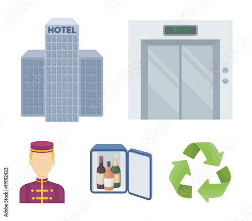 Elevator car, mini bar, staff, building.Hotel set collection icons in cartoon style vector symbol stock illustration web.