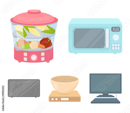 Steamer, microwave oven, scales, lcd tv.Household set collection icons in cartoon style vector symbol stock illustration web.
