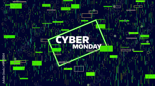 Cyber monday sale banner. Electronic digital Glitch or noise. Geometric chaos motion. Friday sale
