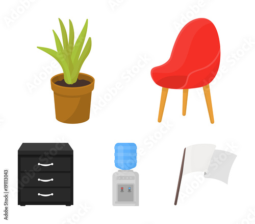 A red chair with a comfortable back, an aloe flower in a pot, an apparatus with clean water, a cabinet for office papers. Office Furniture set collection icons in cartoon style vector symbol stock