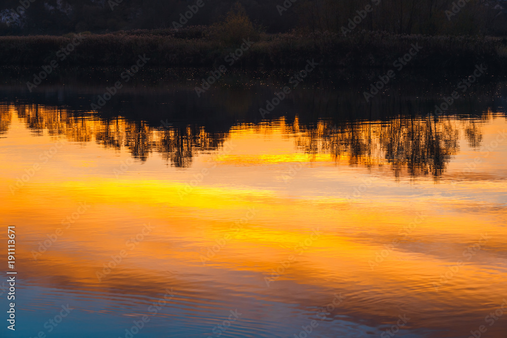 Fototapeta premium tree silhouettes reflected in the mirror during sunset