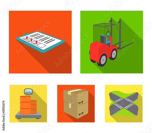 Forklift, delivery slips, packaged goods, cargo on weighing scales. Logistics and delivery set collection icons in flat style isometric vector symbol stock illustration web.