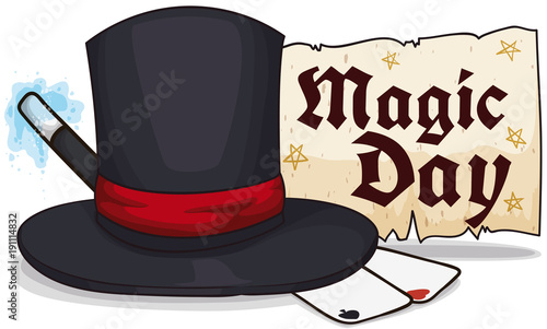 Magic Top Hat, Cards, Scroll and Wand for Magic Day, Vector Illustration