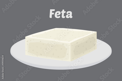 Vector feta cheese on plate. Slice, chunk on porcelain tray. Cartoon flat style