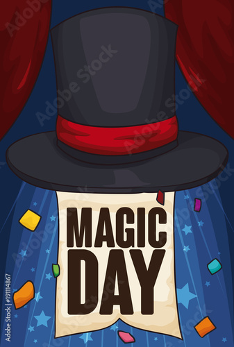 Stage with Top Hat, Ribbon and Confetti for Magic Day, Vector Illustration