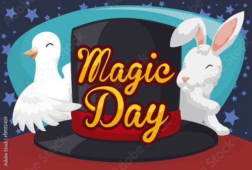 Dove, Rabbit and Magician Top Hat for Magic Day Celebration, Vector Illustration