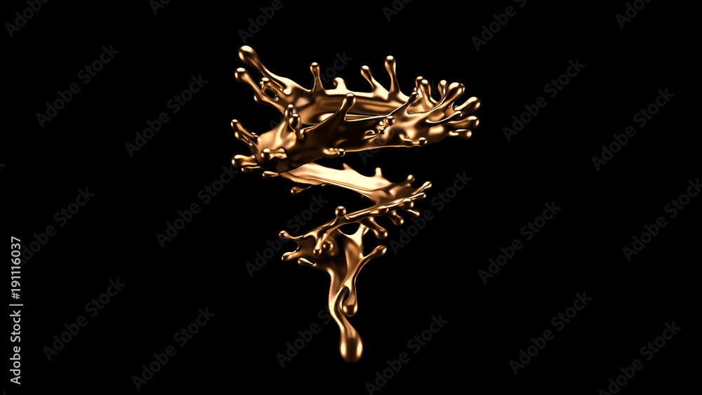 Luxurious, mysterious, vintage, abstract splash of liquid gold on a black background. 3d illustration, 3d rendering. - obrazy, fototapety, plakaty 