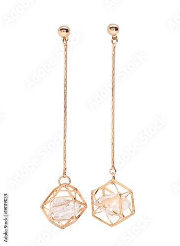 Pair of beautiful stylish earrings on white background