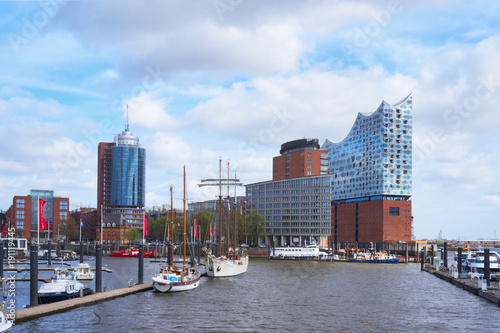 Elbphilharmonie concert hall in Hamurg with the boats marina on the front