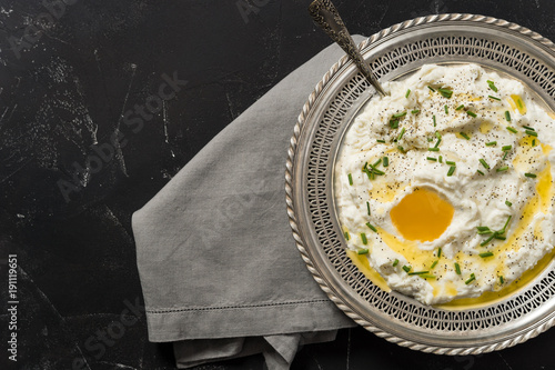 Close-up of Irish champ served in an antique silver bowl