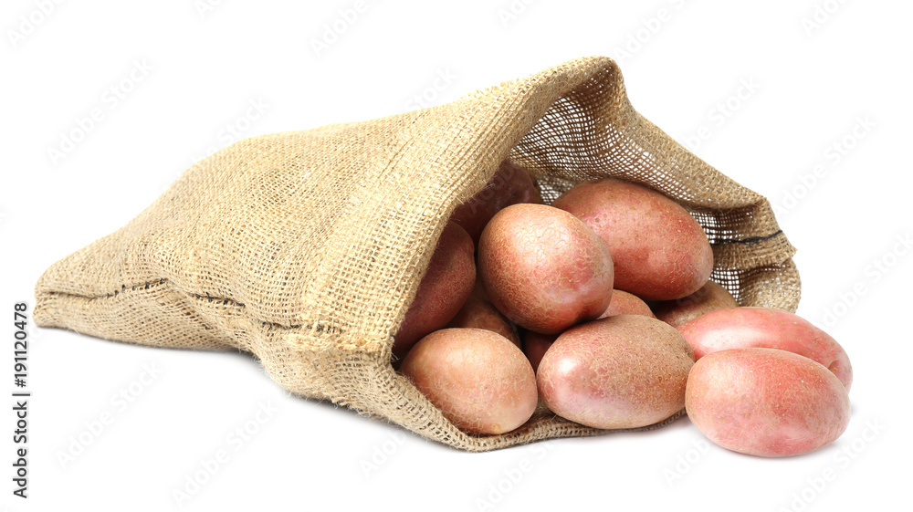 Sack of fresh raw potatoes on white background Sack of fresh raw potatoes on white background