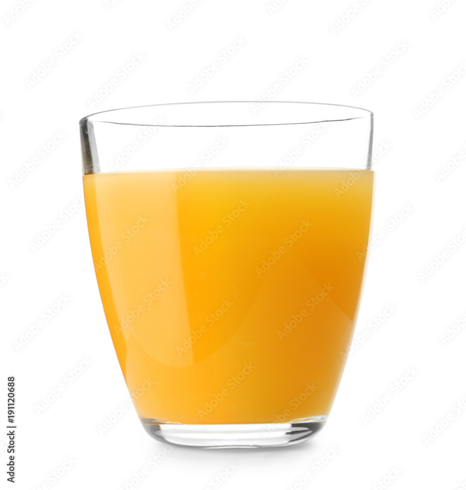 Glass of fresh orange juice on white background