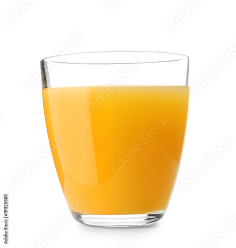 Glass of fresh orange juice on white background