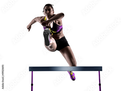 Foto one african runner running hurdlers hurdling  woman isolated on white background