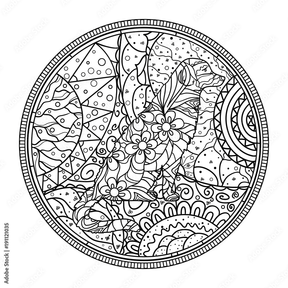 Dog. Circle mandala. Hand drawn dog with abstract patterns on isolation background. Design for spiritual relaxation for adults. Black and white illustration for coloring. Design Zentangle. Zen art