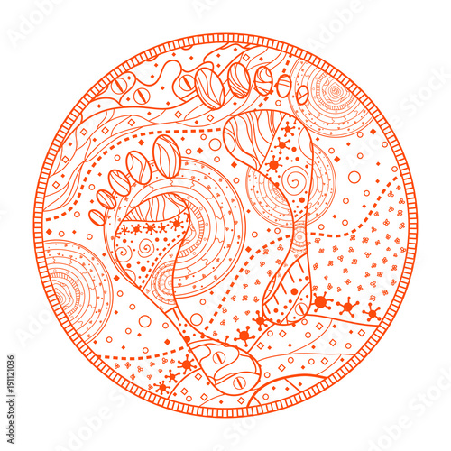 Foots. Mandala. Hand drawn abstract patterns on isolation background. Design for spiritual relaxation for adults. Line art creation. Print for polygraphy, posters, t-shirts and textiles. Doodle