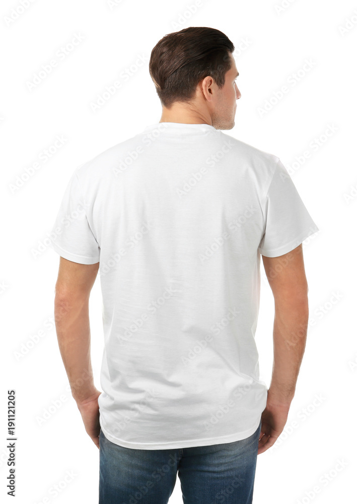 Young man in stylish t-shirt on white background. Mockup for design Young man in stylish t-shirt on white background. Mockup for design