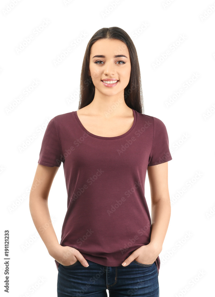 Young woman in stylish t-shirt on white background. Mockup for design Young woman in stylish t-shirt on white background. Mockup for design
