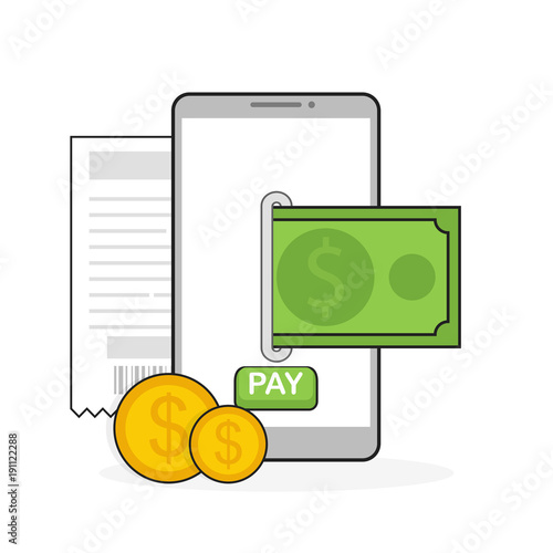Mobile payment flat design style vector illustration, smartphone on the screen shows the dolars