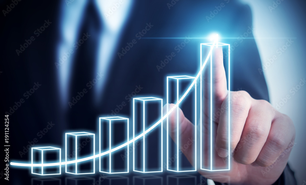 Business development to success and growing annual revenue growth concept, Businessman pointing arrow graph corporate future growth plan Business development to success and growing annual revenue growth concept, Businessman pointing arrow graph corporate future growth plan