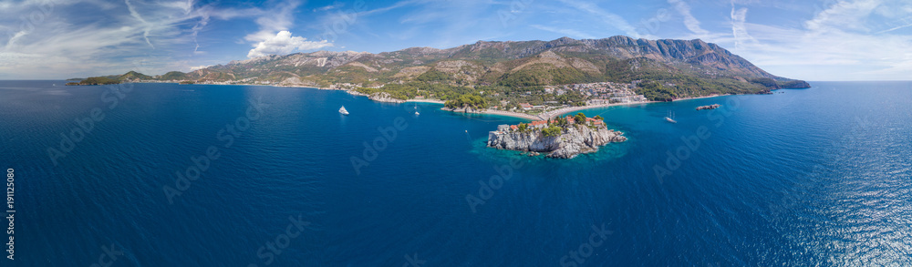 Panoramic aerial view of the hotel sveti stefan from the sea. Montenegro.