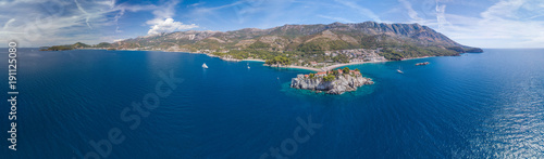 Panoramic aerial view of the hotel sveti stefan from the sea. Montenegro.