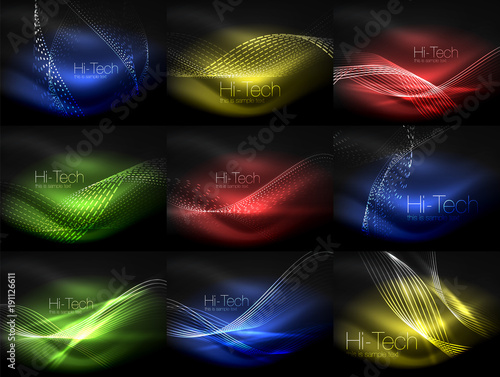 Set of elegant flowing neon waves, digital abstract backgrounds