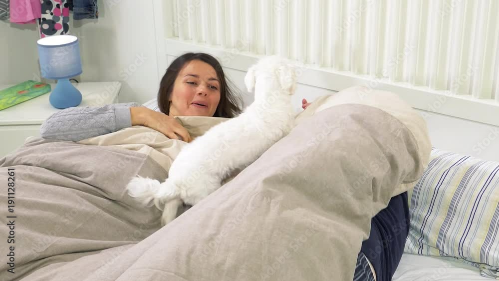 Happy couple in bed playing with puppy dog having fun