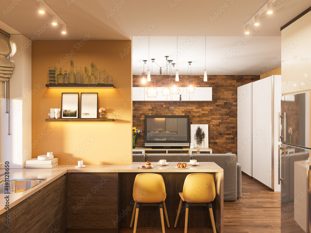 3d illustration of the interior design of the kitchen in a modern Scandinavian style. Hygge interior render 3d illustration of the interior design of the kitchen in a modern Scandinavian style. Hygge interior render